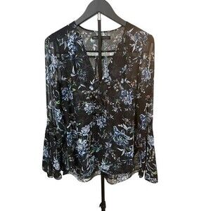 White House Black Market Womens Blouse Size 8 Black Blue Floral Ruffle Vneck